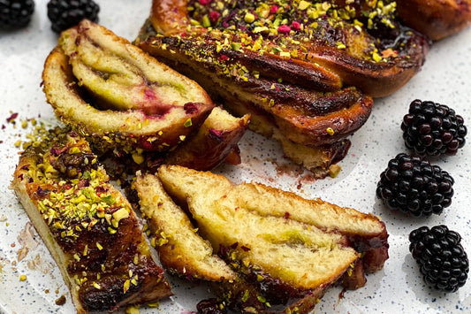 Babka with Chocolate Nut Spread, Morello Cherry Jam and Blackberries Recipe