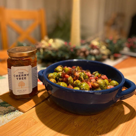 Sticky Brussels Sprouts with Ale Chutney, Chestnuts and Bacon Recipe